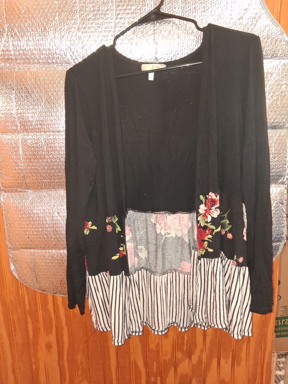 Black Floral & Stripe Open-Front Women's Cardigan